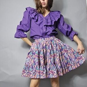 Vintage Purple Blouse and Patterned Skirt Set